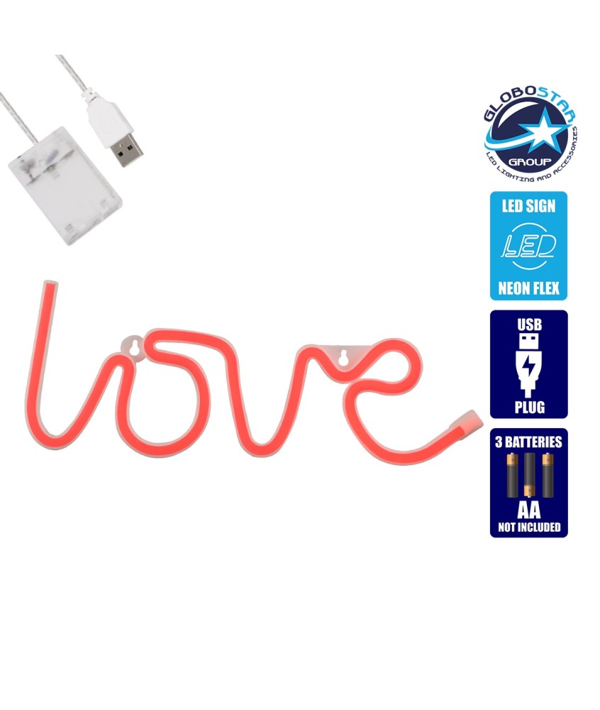 GloboStar® 78587 Φωτιστικό Ταμπέλα Φωτεινή Επιγραφή NEON LED Σήμανσης LOVE 5W με Καλώδιο Τροφοδοσίας USB - Μπαταρίας 3xAAA (Δεν Περιλαμβάνονται) - Κόκκινο